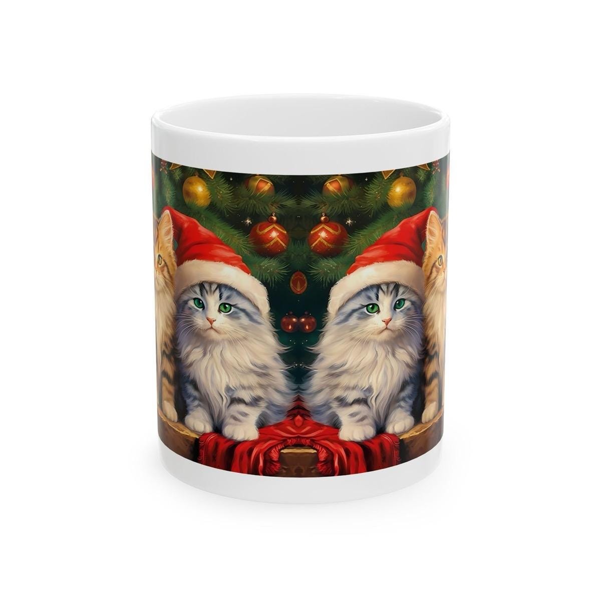 Christmas kitten cat cute mug - secret santa stocking filler gift drinkware tumbler cup washable reuse coffee reusable ceramic mugs pet cust