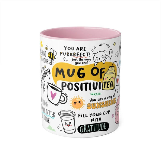 Positive vibes affirmations mental health mug - pink interior and handle - cup, drinkware tumblers reusable reuse ceramic washable coffee te