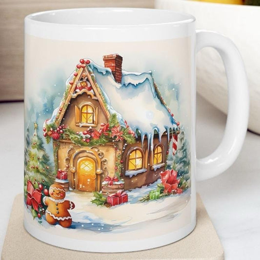 Christmas cottage gingerbread man cute mug - secret santa stocking filler gift drinkware tumbler washable reuse reusable cup coffee ceramic
