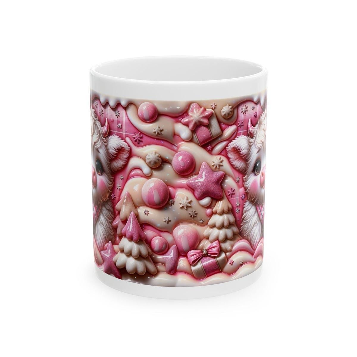 3d pink highland cow christmas mug – adorable festive design with candy accents, perfect for holiday gifting! drinkware reusable washable