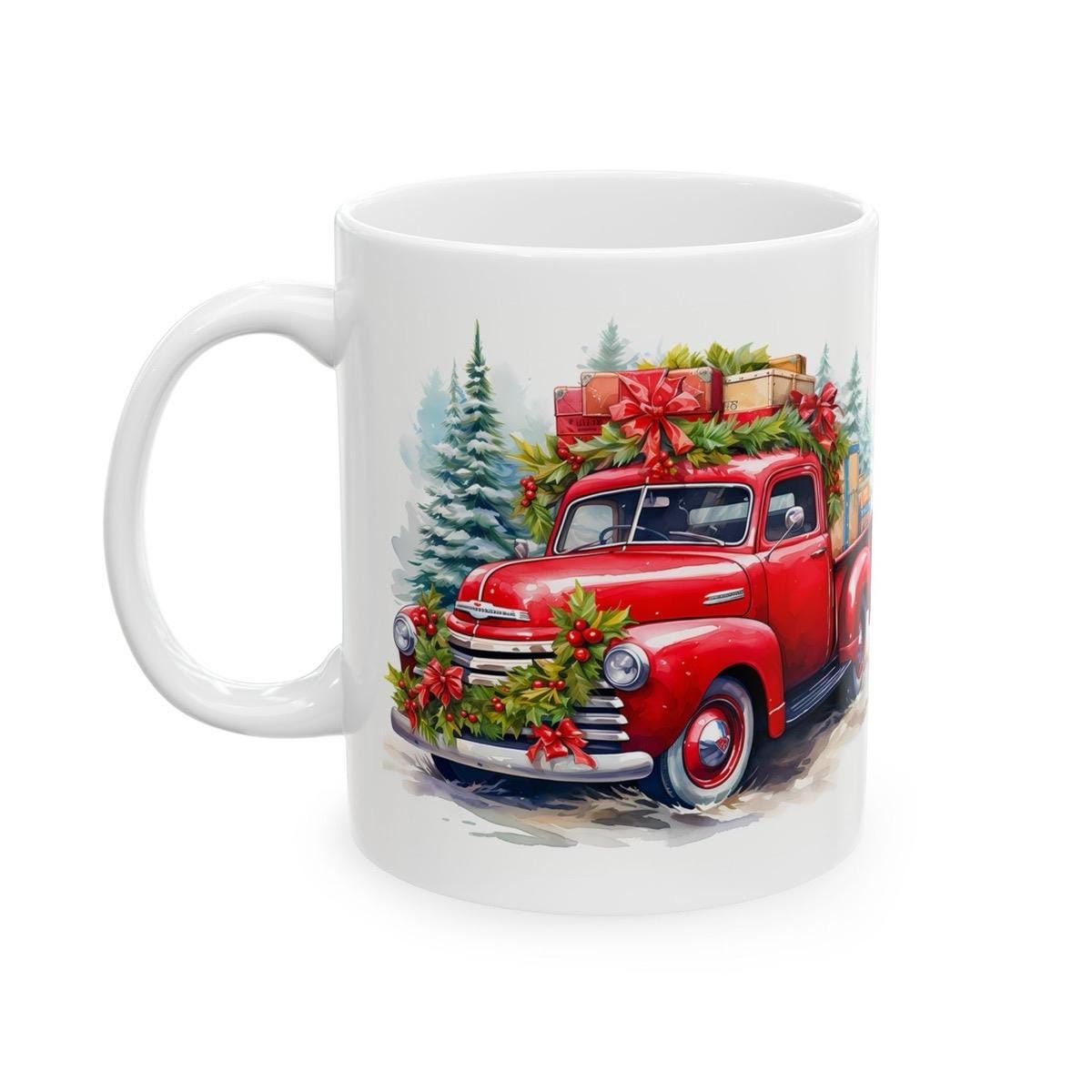 Christmas red retro truck mug - secret santa stocking filler gift drinkware reusable reuse tumbler washable ceramic xmas mugs tea festive fu