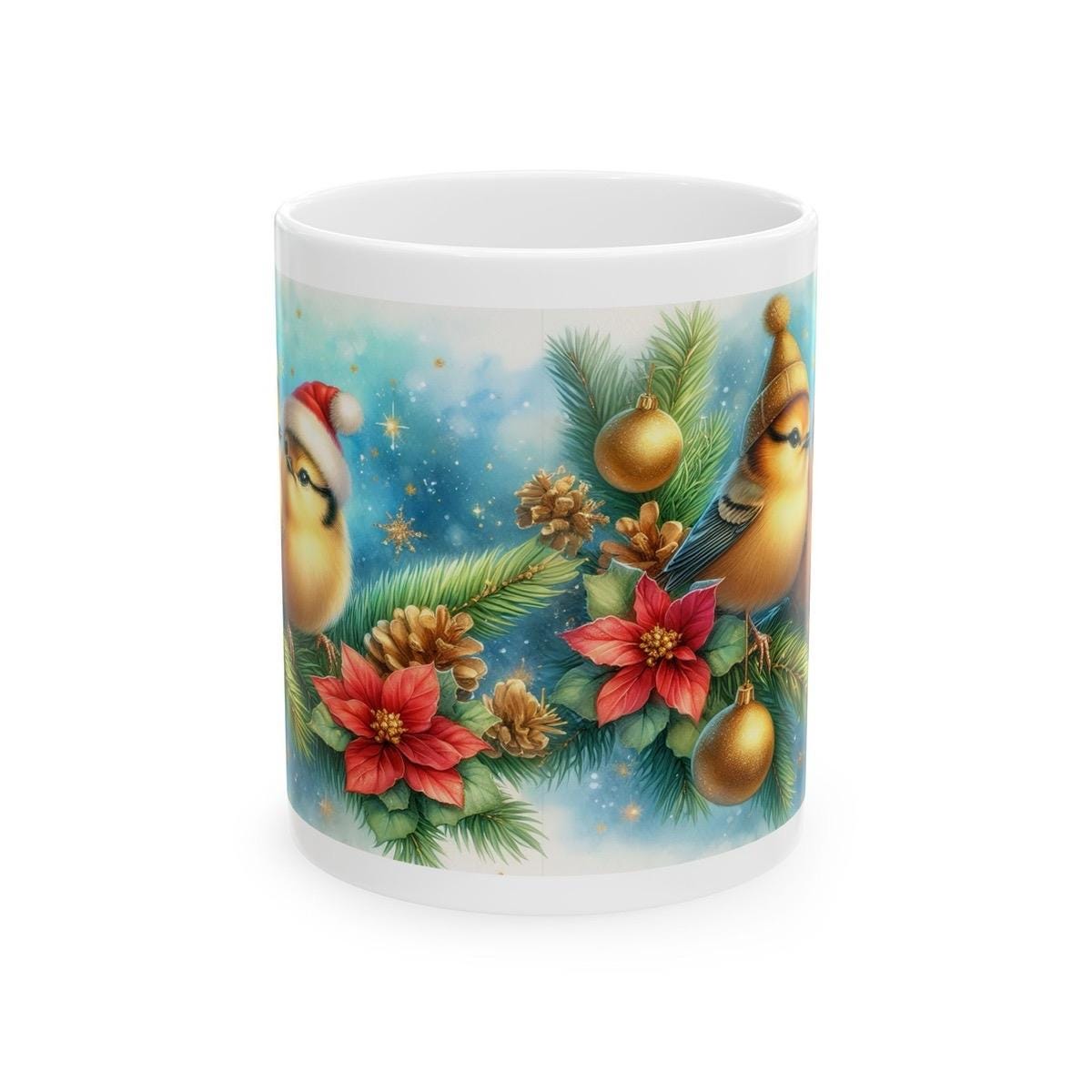 Songbirds christmas mug - perfect for hot beverages - drinkware, tumblers cup bottles reusable washable reuse ceramic xmas mugs tea festive