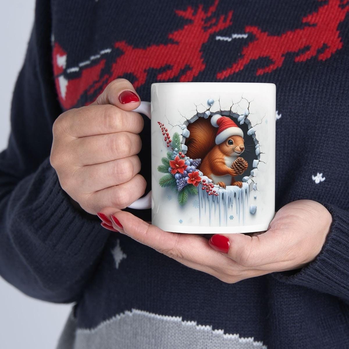 Christmas squirrel with christmas hat on 3d mug - perfect for hot drinks - tumblers, drinkware reuse cup ceramic coffee washable reusable xm