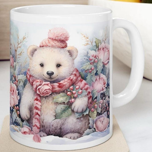 Cute polar bear christmas mug - secret santa stocking filler gift drinkware tumbler reuse reusable washable cup ceramic coffee paddington xm