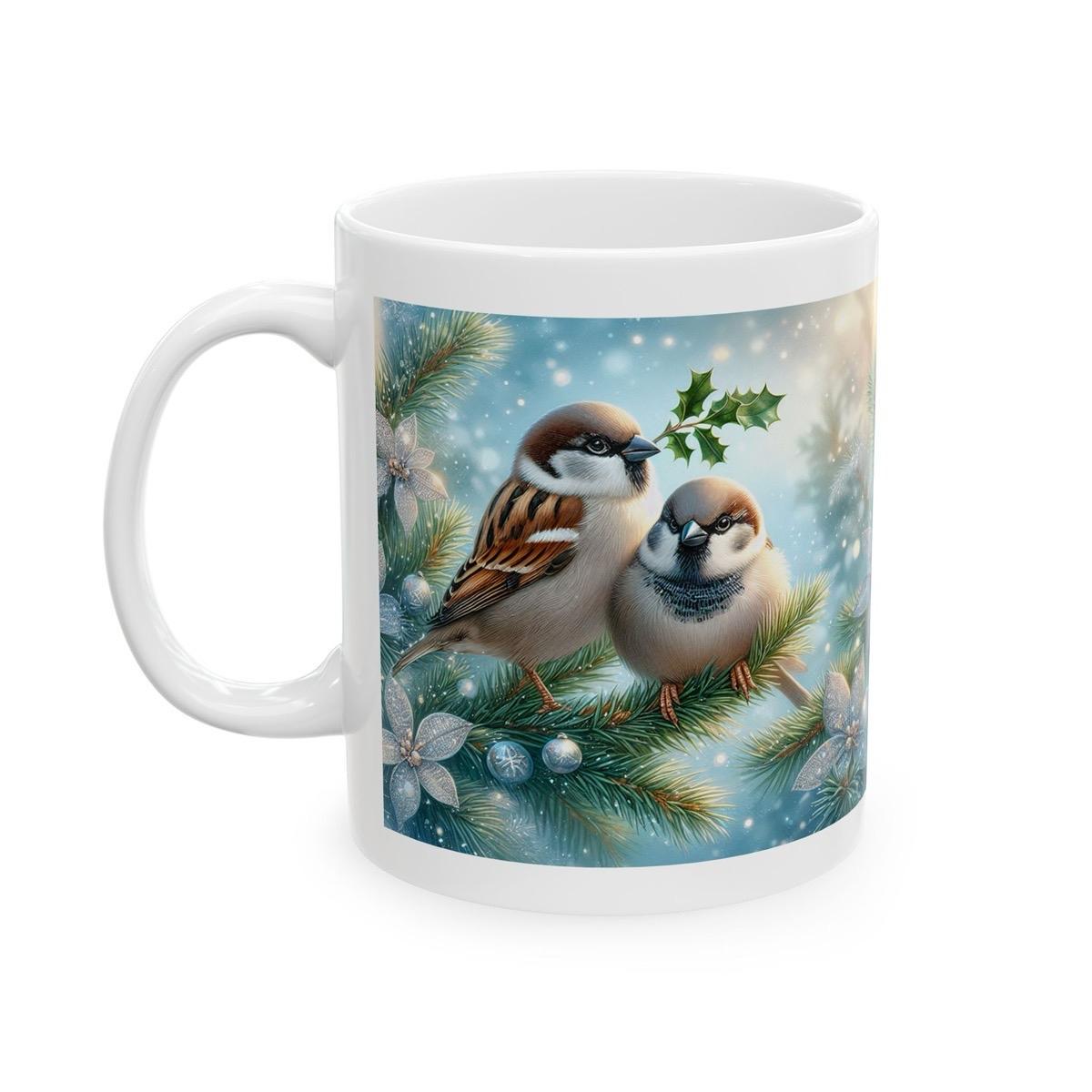 Christmas themed mug with sparrows - perfect for your morning drinks - tumblers, drinkware cup ceramic reusable bottles coffee reuse washabl