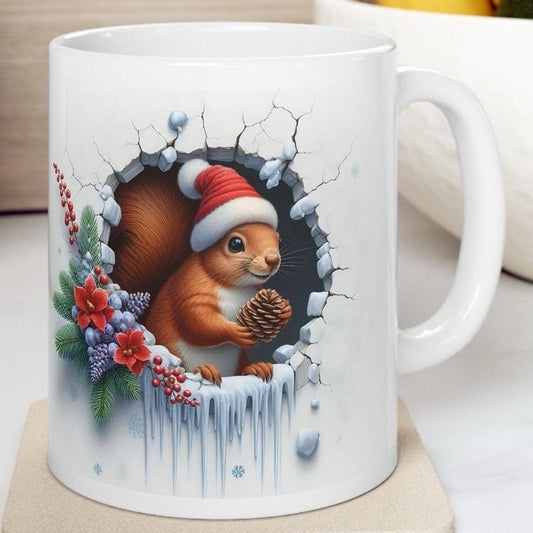 Christmas squirrel with christmas hat on 3d mug - perfect for hot drinks - tumblers, drinkware reuse cup ceramic coffee washable reusable xm