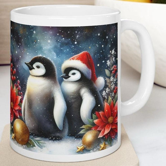 Cute penguin couple christmas mug - perfect for your morning drinks - cup, drinkware tumblers reusable washable reuse coffee ceramic xmas mu