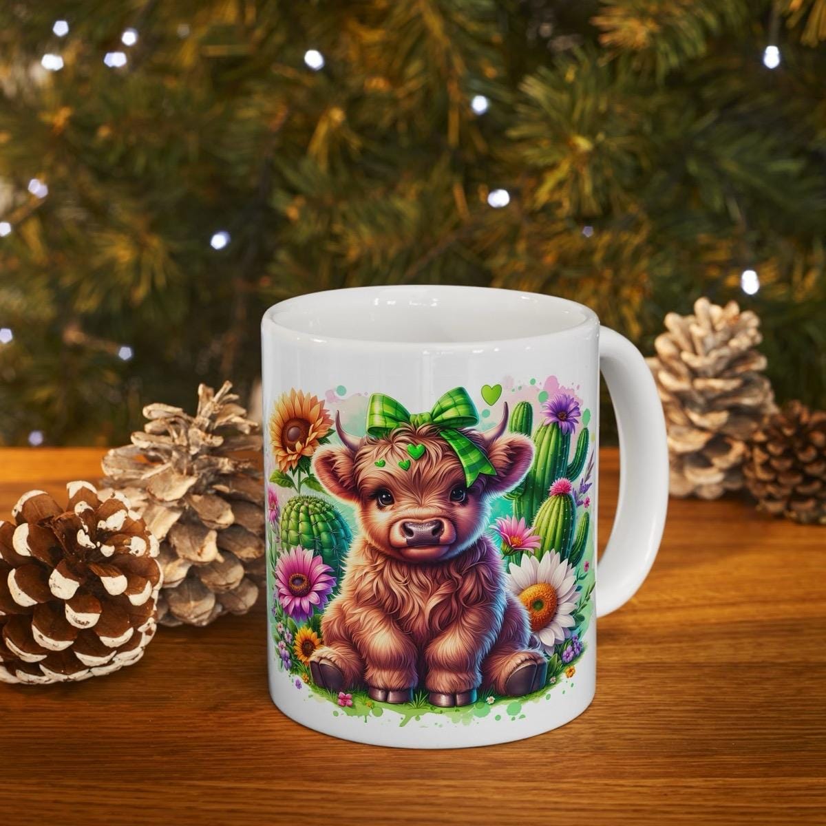 Cute highland cow sitting in garden with cactus and flowers 3d mug - perfect for coffee and tea - drinkware washable tumbler reusable cup re
