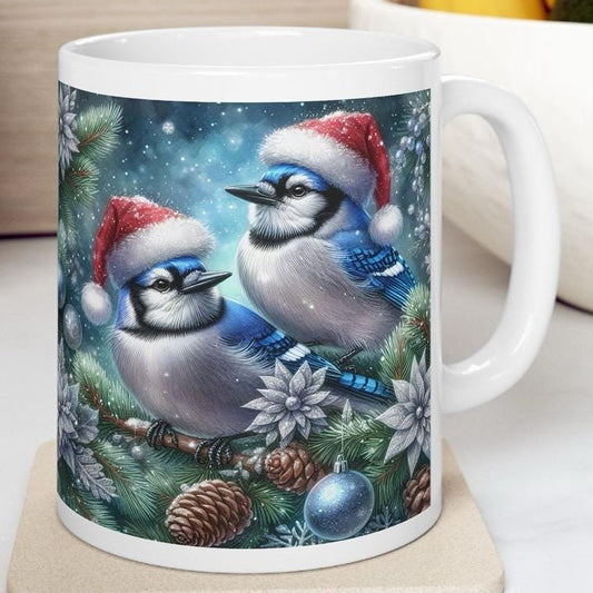 Blue birds christmas mug - perfect for the festive season - tumblers, drinkware cup reusable washable reuse ceramic bottles coffee xmas mugs