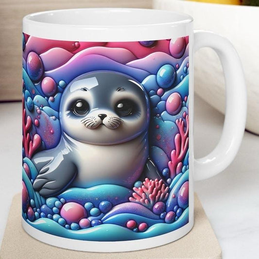 Cute seal in the ocean 3d mug - perfect for hot and cold drinks - tumblers, drinkware cup bottles reusable washable coffee reuse ceramic xma