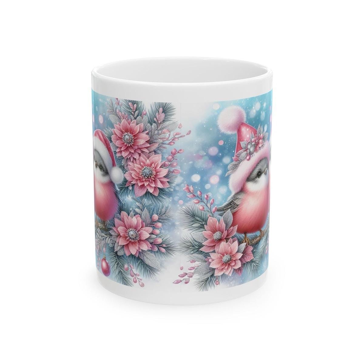 Pink finches christmas mug - perfect for the holidays - drinkware reusable tumbler washable cup reuse ceramic coffee xmas mugs tea festive