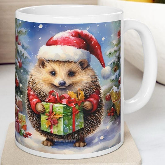 Cute christmas hedgehog mug - perfect secret santa or stocking filler gift drinkware tumbler washable reusable reuse coffee cup ceramic xmas