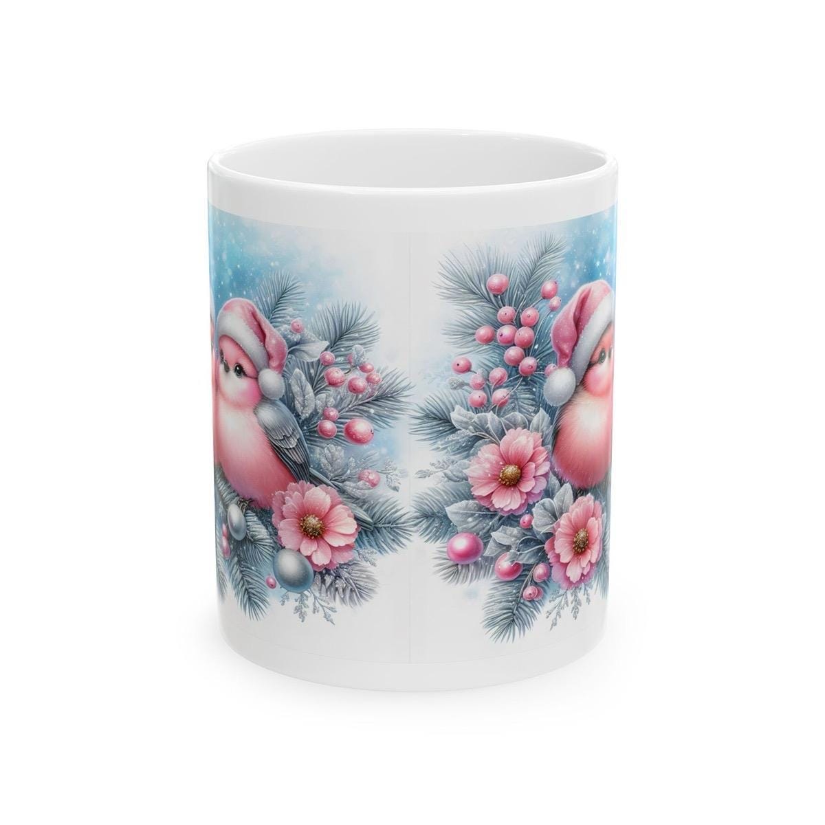 Pink christmas birds mug - perfect for winter season - drinkware, tumblers cup reusable washable reuse ceramic coffee xmas mugs tea festive