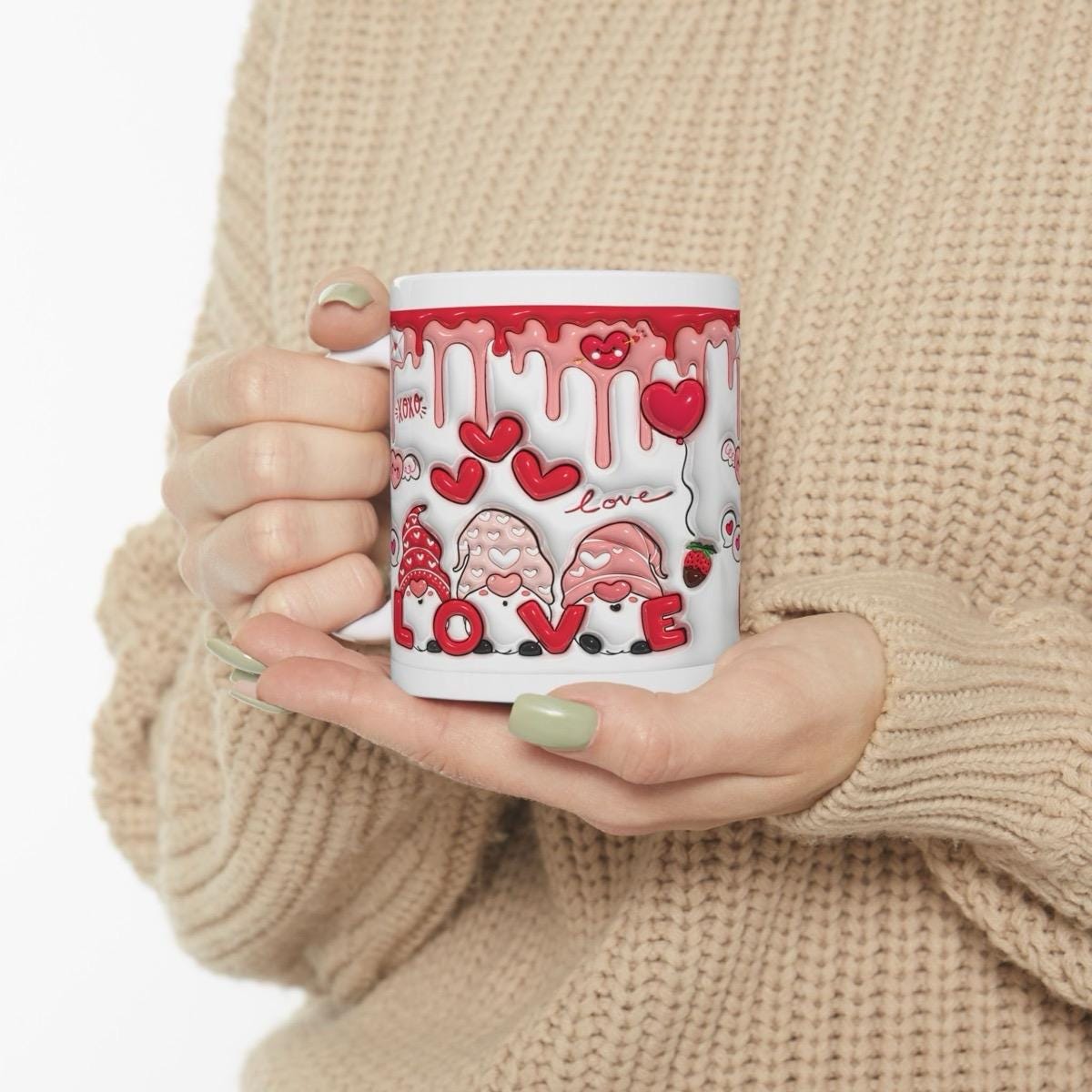 Gonk gnome valentine's love mug gift cute hearts 3d style drip effect - perfect for valentine's - drinkware, tumblers cup coffee reusable ce