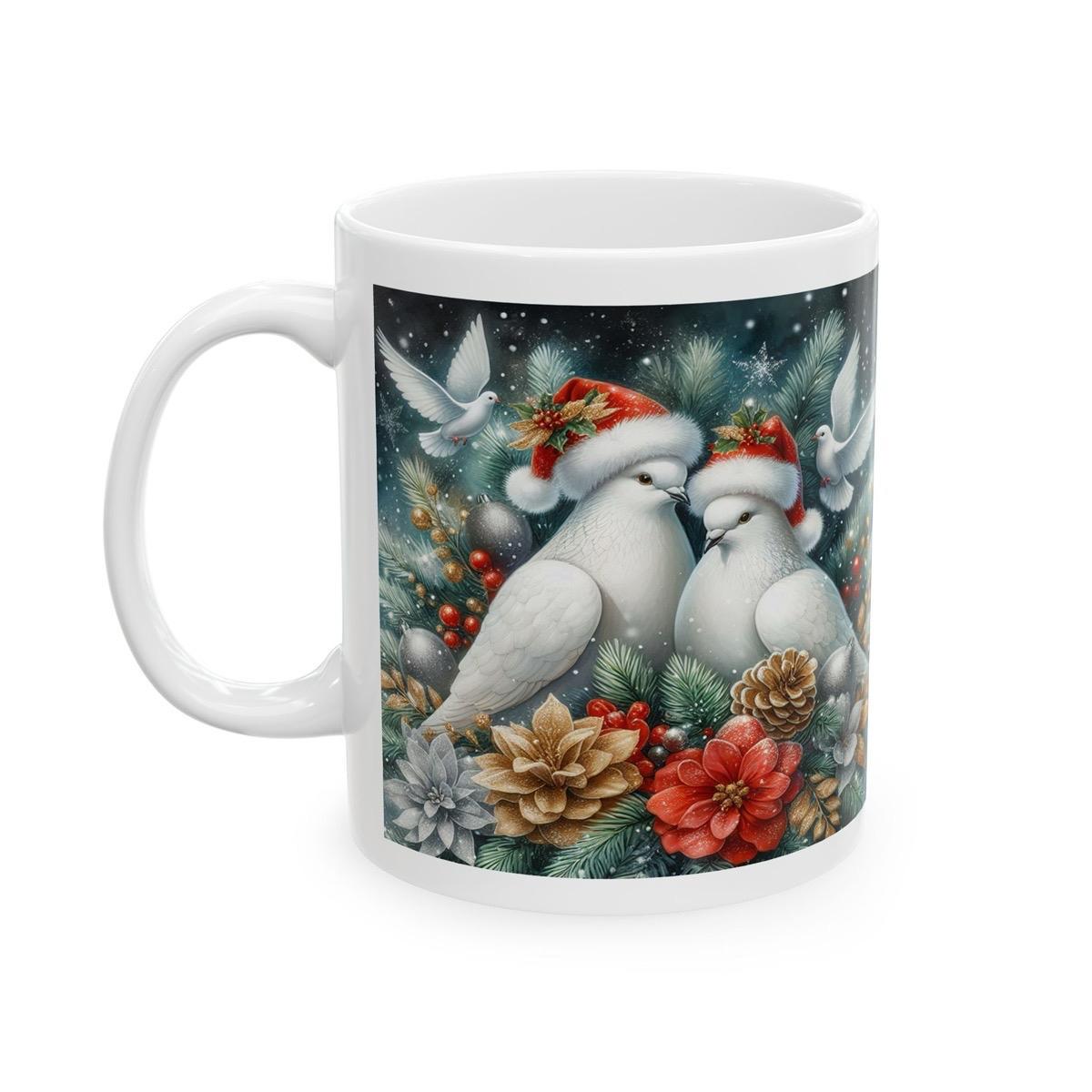 White doves christmas mug - perfect for hot beverages - tumblers, drinkware reusable cup washable reuse ceramic coffee xmas mugs tea festive