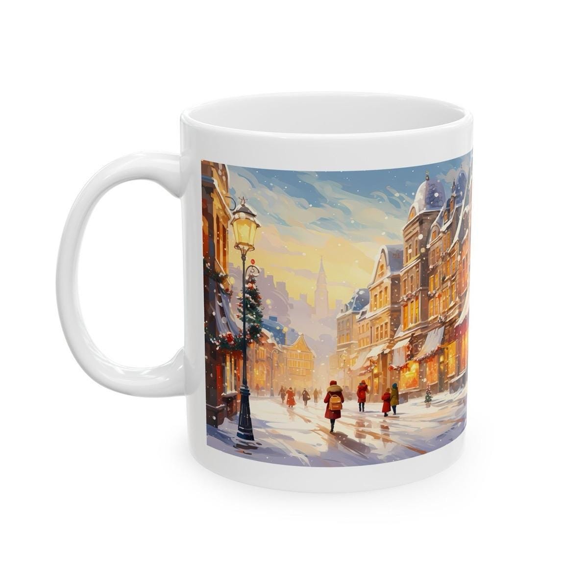 Christmas town village cute mug - secret santa stocking filler gift drinkware washable reuse tumbler reusable ceramic coffee cup neutral mug