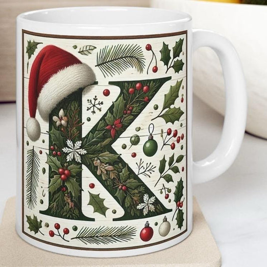 Personalised 'k' edition christmas mug - unique gift for xmas - stocking filler - drinkware washable reusable reuse ceramic cup tumbler coff