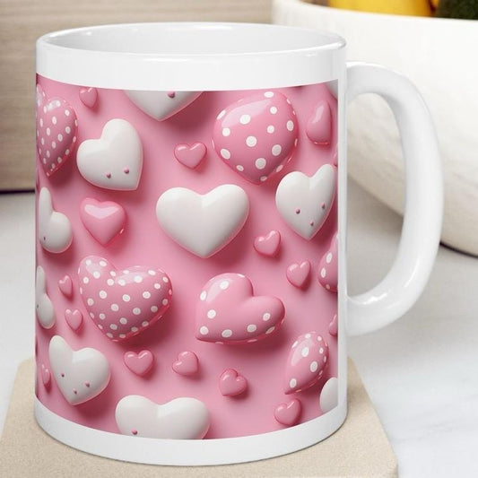 Cute 3d pink white hearts mug - perfect xmas christmas or valentines gift - secret santa stocking filler - drinkware washable reuse reusable