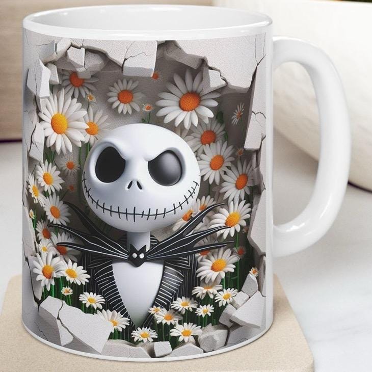 Jack skellington style 3d style mug - christmas secret santa gift - reusable and washable - ceramic cup tumbler for coffee and drinks - drin