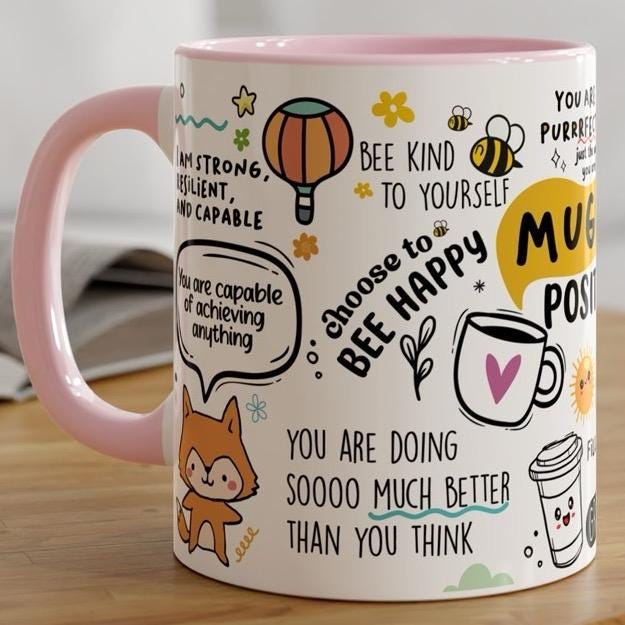 Positive vibes affirmations mental health mug - pink interior and handle - cup, drinkware tumblers reusable reuse ceramic washable coffee te