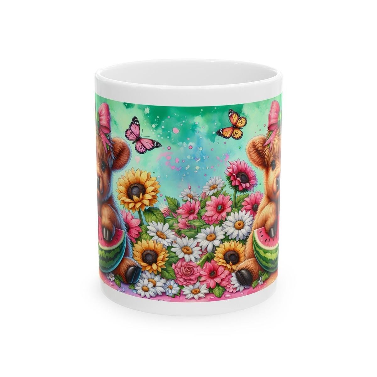 Cute highland cow sitting in watermelon 3d mug - perfect for your morning drinks - drinkware, tumblers cup reusable washable bottles ceramic