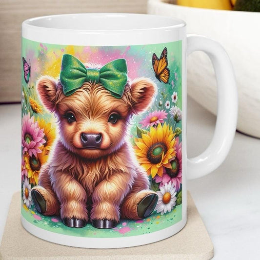 Cute highland cow 3d mug with green bow and butterfly - perfect for coffee and tea - drinkware reusable ceramic washable reuse tumbler cup x