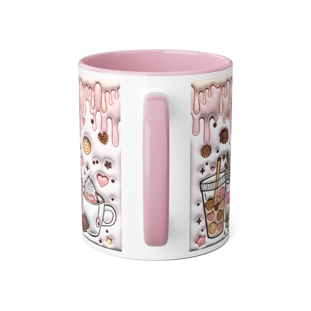 Christmas cute 3d mug with coffee and gossip design, pink interior and handle - drinkware, tumblers cup reusable reuse washable ceramic coff
