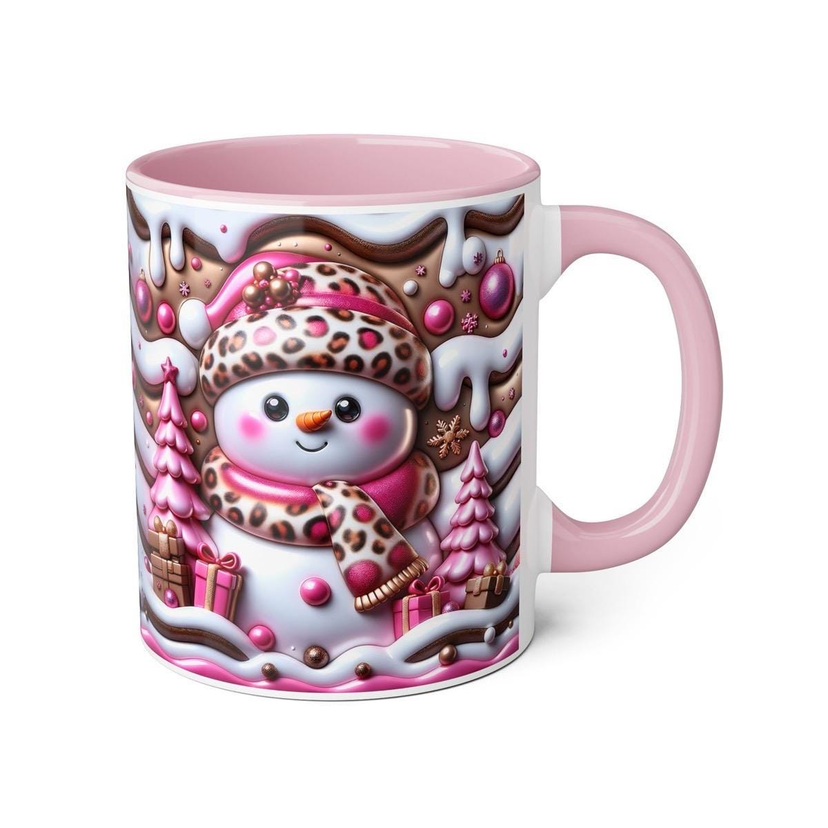 Christmas gift 3d snowman mug with pink interior and handle - perfect for drinks - tumblers, drinkware cup reusable washable reuse coffee ce