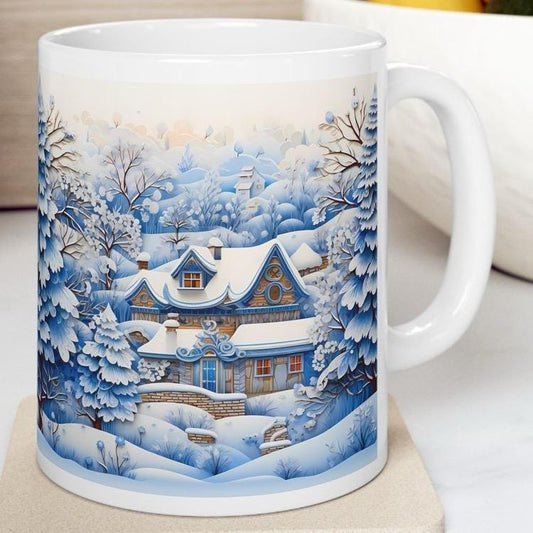 Snowy village house christmas mug - perfect secret santa stocking filler gift drinkware reusable washable tumbler reuse ceramic cup coffee x