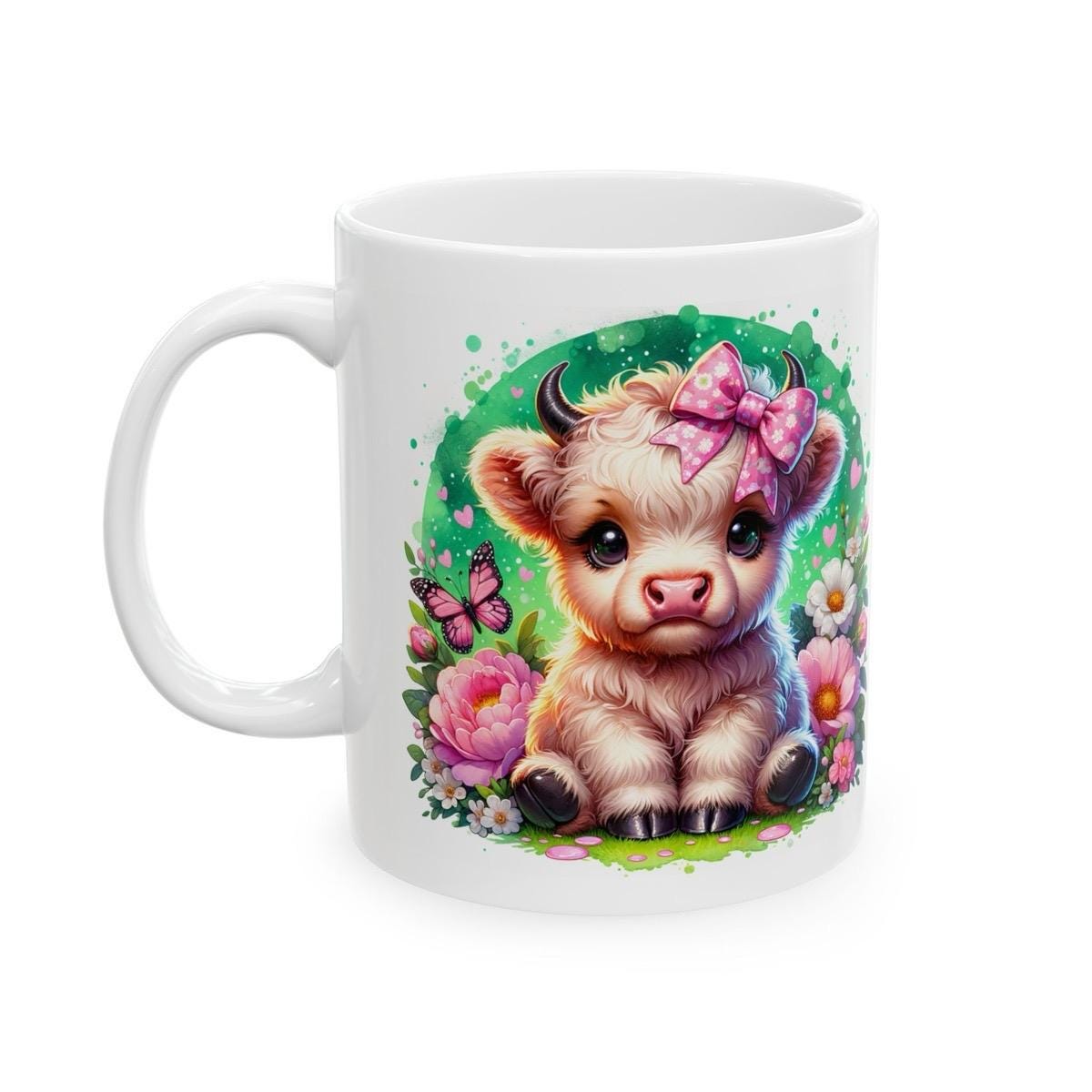 Cute highland cow 3d mug with pink polka dot bow and butterfly - perfect for drinks - drinkware cup tumbler washable reusable coffee ceramic
