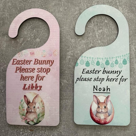 Personalised easter bunny please stop here door hanger for kids - pink/blue - hangable, ornaments, hanging, decoration, decor gift kids gift