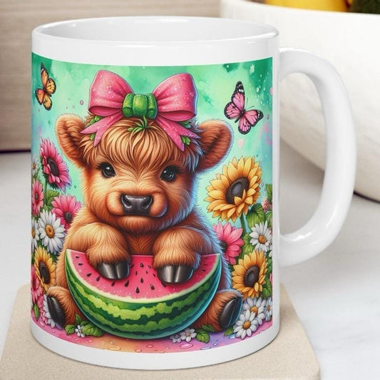 Cute highland cow sitting in watermelon 3d mug - perfect for your morning drinks - drinkware, tumblers cup reusable washable bottles ceramic