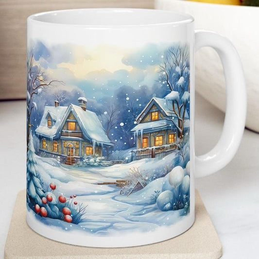 Snowy winter village houses cute mug - christmas secret santa gift stocking filler drinkware washable tumbler reuse reusable ceramic cup cof