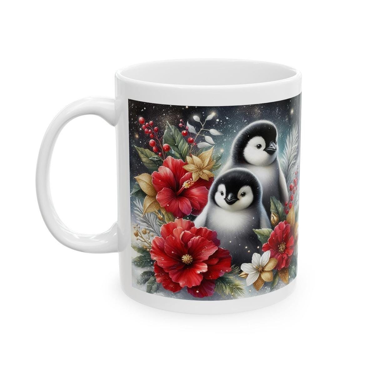 Cute penguins and flowers christmas mug - perfect for your morning drinks - drinkware tumbler coffee reusable cup reuse washable ceramic xma