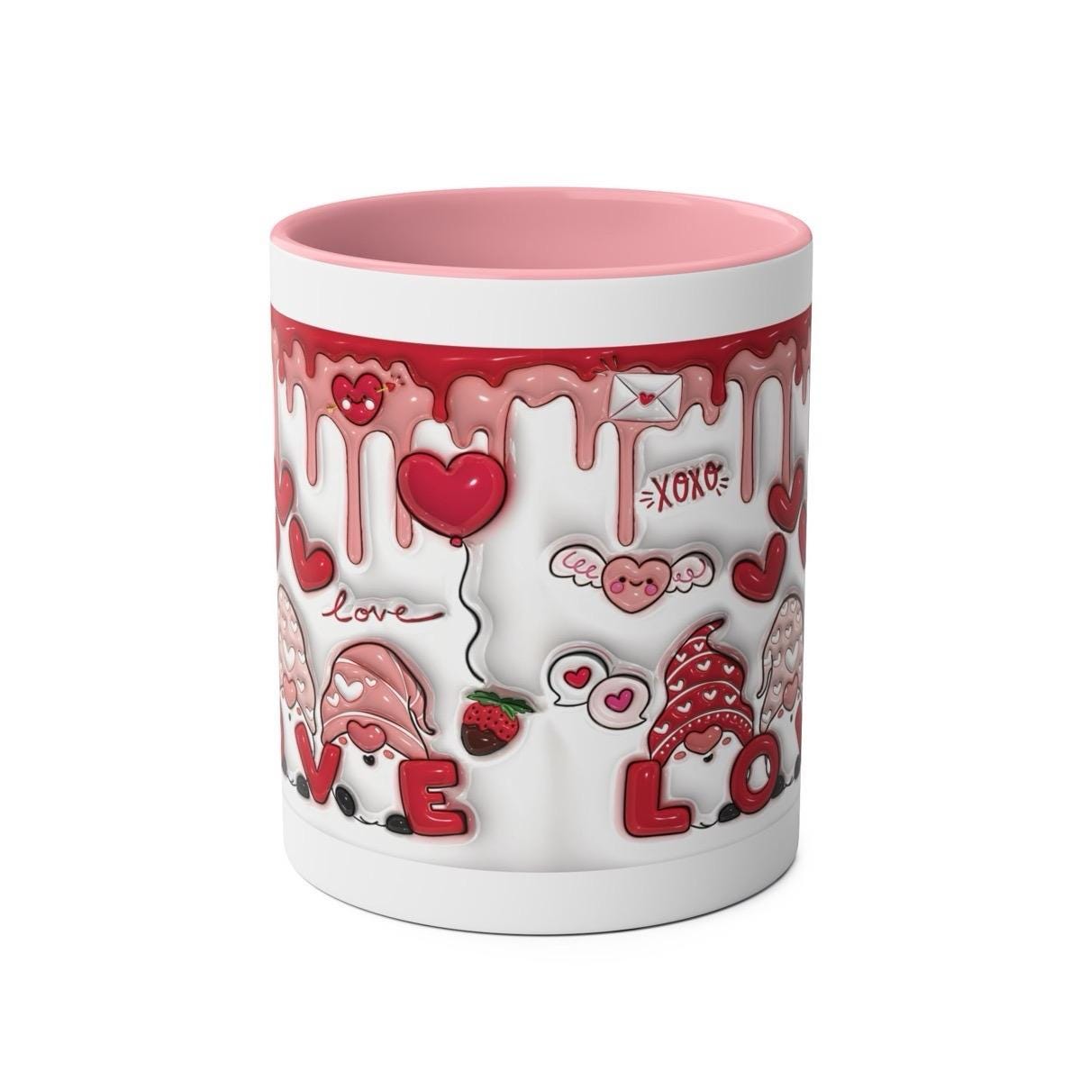 Gonk gnome valentine's day love pink mug gift - cute hearts 3d style drip effect drinkware cup coffee tumblers reusable ceramic washable reu