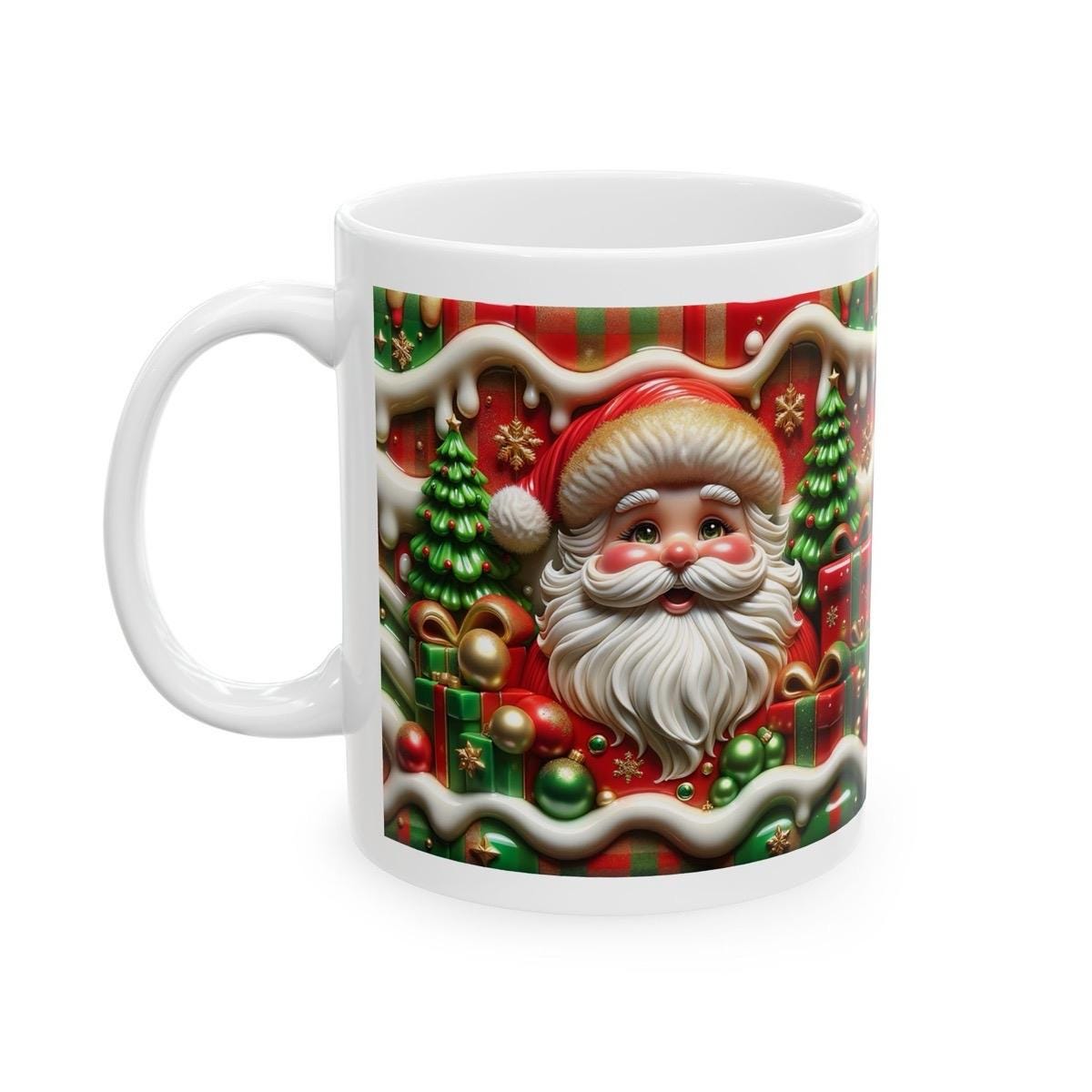 3d quilted sparkly festive santa mug - cozy holiday design with red and green accents - perfect christmas gift drinkware reuse reusable coff