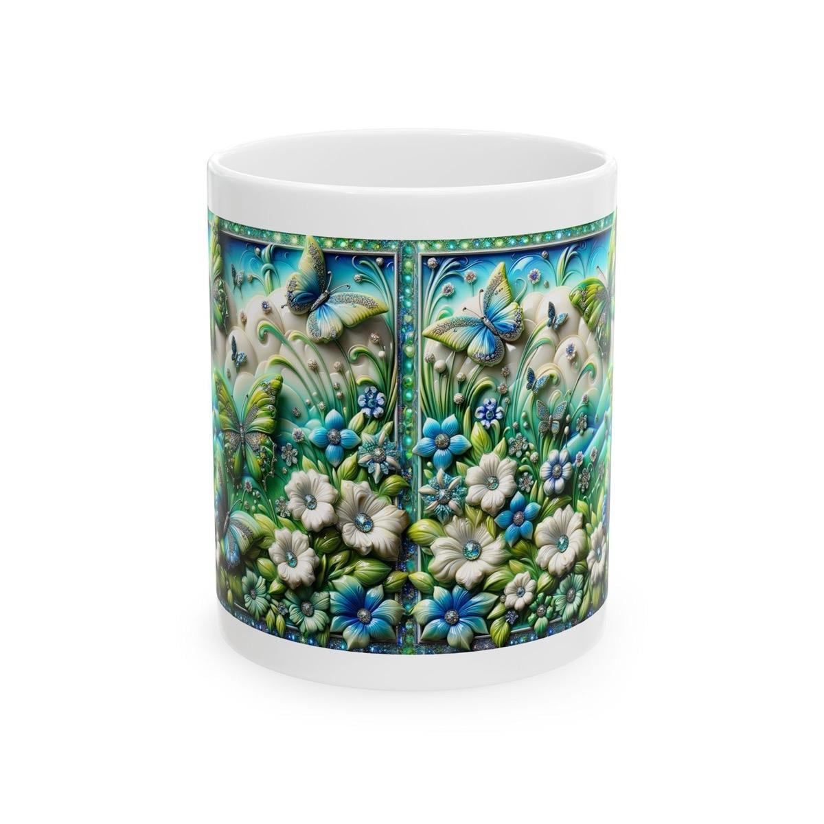 Green blue butterfly garden 3d mug - perfect for your morning drinks - drinkware, tumblers cup reusable washable coffee reuse ceramic xmas