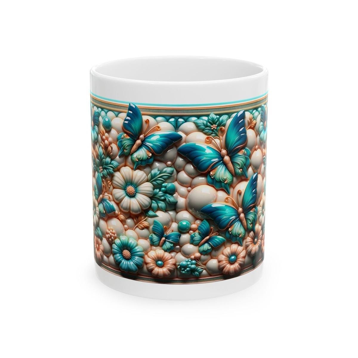 Teal and copper floral butterfly 3d mug - perfect for your morning drinks - drinkware, tumblers cup reusable washable coffee ceramic reuse x
