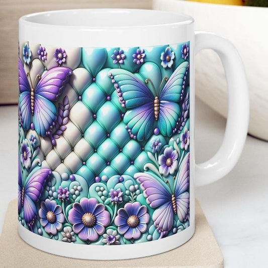 Turquoise purple quilted 3d butterfly mug for hot beverages - drink, drinkware washable reusable cup reuse tumbler coffee ceramic xmas mugs