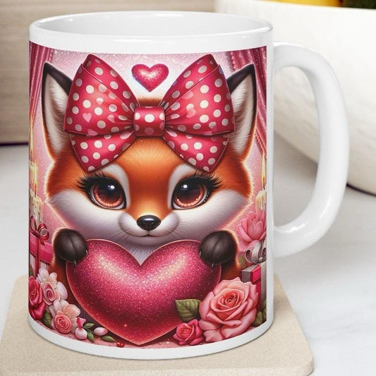 Cute fox valentine's day mug - heart design for drinks - drinkware, tumblers cup washable coffee ceramic bottles reusable reuse girly valent