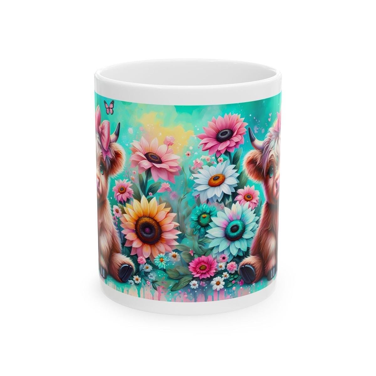 Cute highland cow 3d mug in magical garden - perfect for your morning drinks - drinkware, tumblers washable reusable coffee ceramic reuse cu