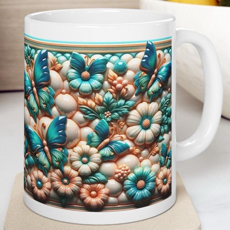 Teal and copper floral butterfly 3d mug - perfect for your morning drinks - drinkware, tumblers cup reusable washable coffee ceramic reuse x