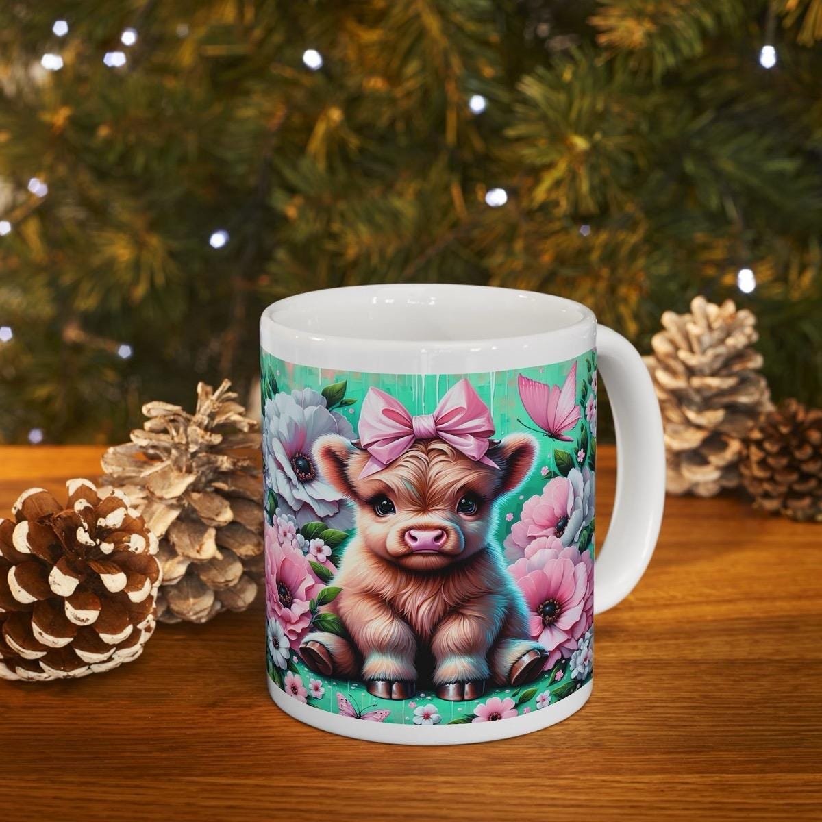 Cute highland cow in flowery garden 3d mug - perfect for your morning drinks - drinkware washable tumbler coffee reusable cup reuse ceramic