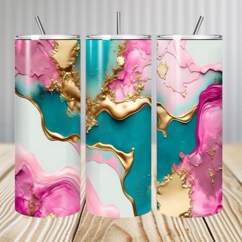 Cute girly marble tumbler 20oz pink blue gold - perfect for any occasion - drinkware, mug cup flasks bottles water bottles bottled portable