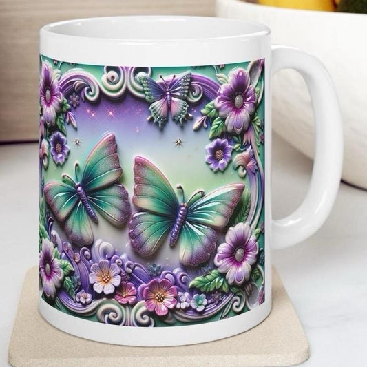 Butterfly flowers 3d mug - perfect for your morning drinks - drinkware coffee sturdy tumbler washable reusable reuse cup ceramic tea xmas mu