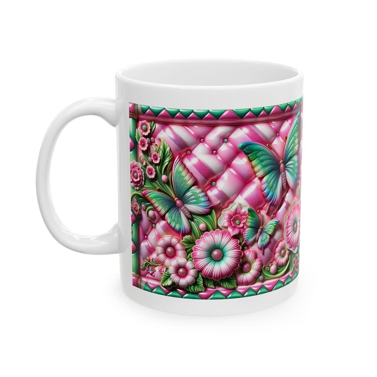 Pink green quilted butterfly flower 3d mug - perfect for your morning drinks - tumblers, drinkware washable reusable coffee cup reuse