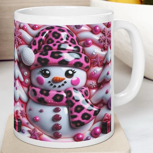 Cute 3d snowman christmas mug – cosy winter design with pink and leopard accents, perfect festive gift! drinkware reusable tumbler reuse w