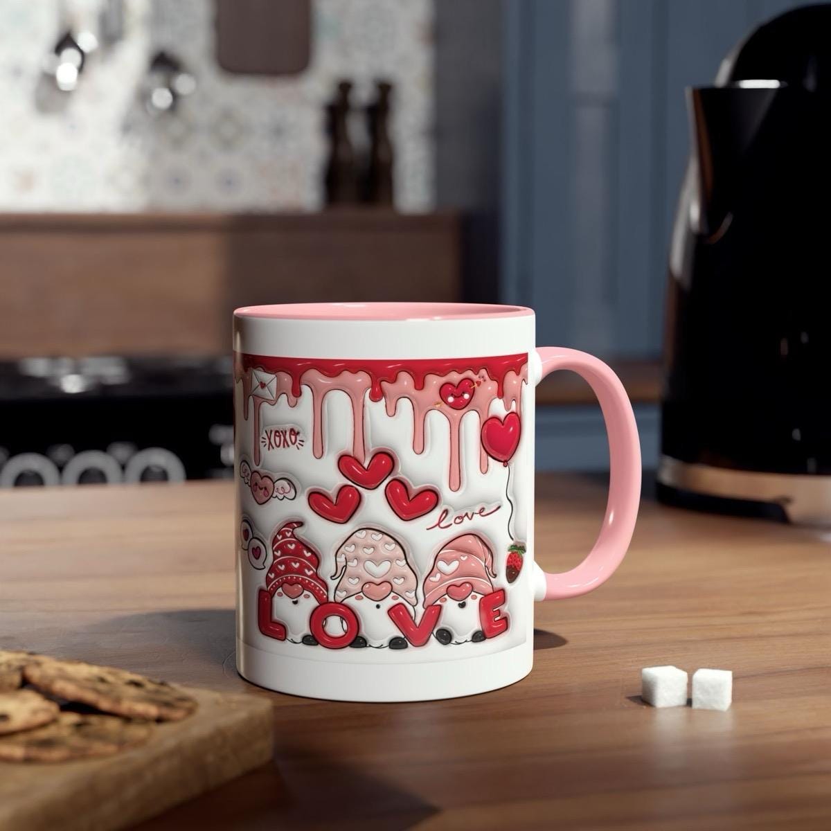 Gonk gnome valentine's day love pink mug gift - cute hearts 3d style drip effect drinkware cup coffee tumblers reusable ceramic washable reu