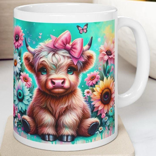 Cute highland cow 3d mug in magical garden - perfect for your morning drinks - drinkware, tumblers washable reusable coffee ceramic reuse cu