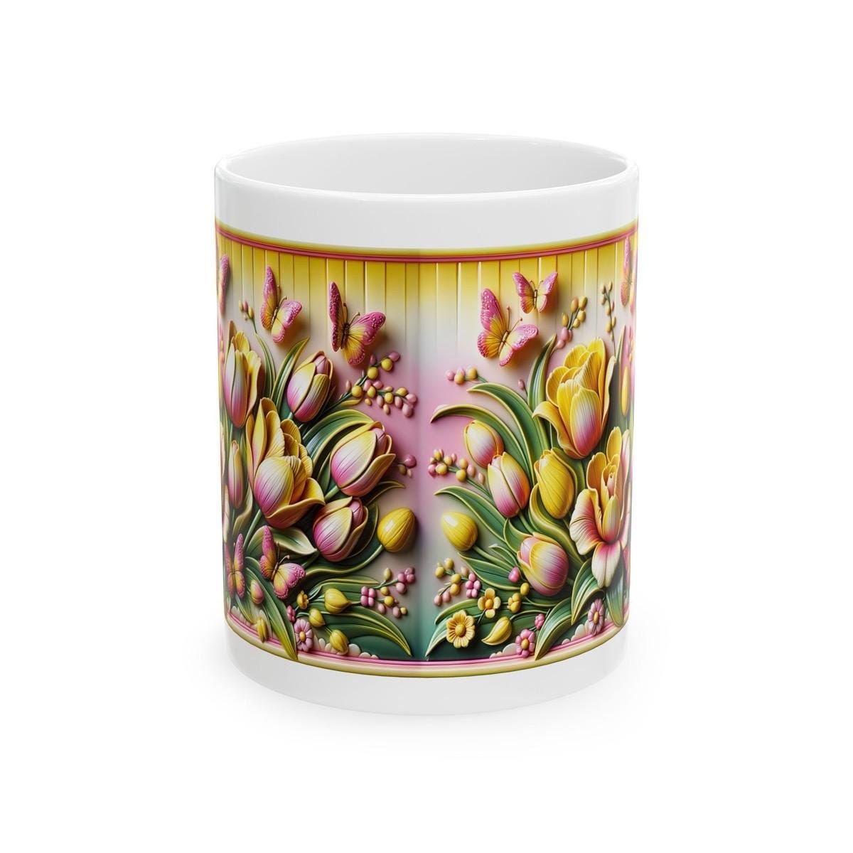 Yellow pink flowers 3d mug - perfect for your morning drinks - tumblers, drinkware reusable washable cup coffee reuse ceramic xmas mugs